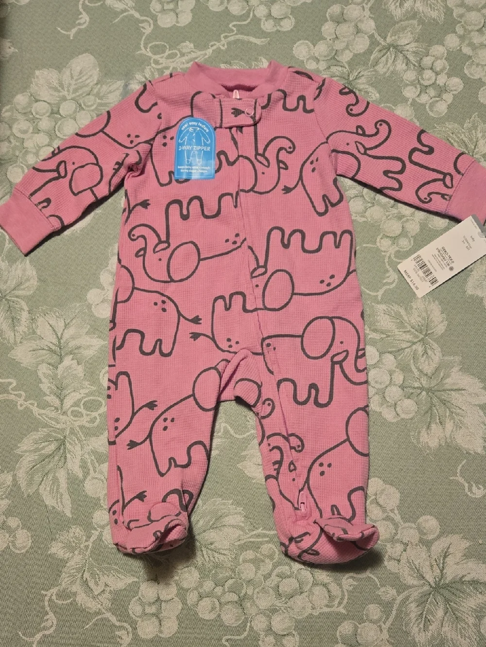 Carters 3M Pink Elephant Print Footed One-Piece baby 2-way zipper Cotton NEW
